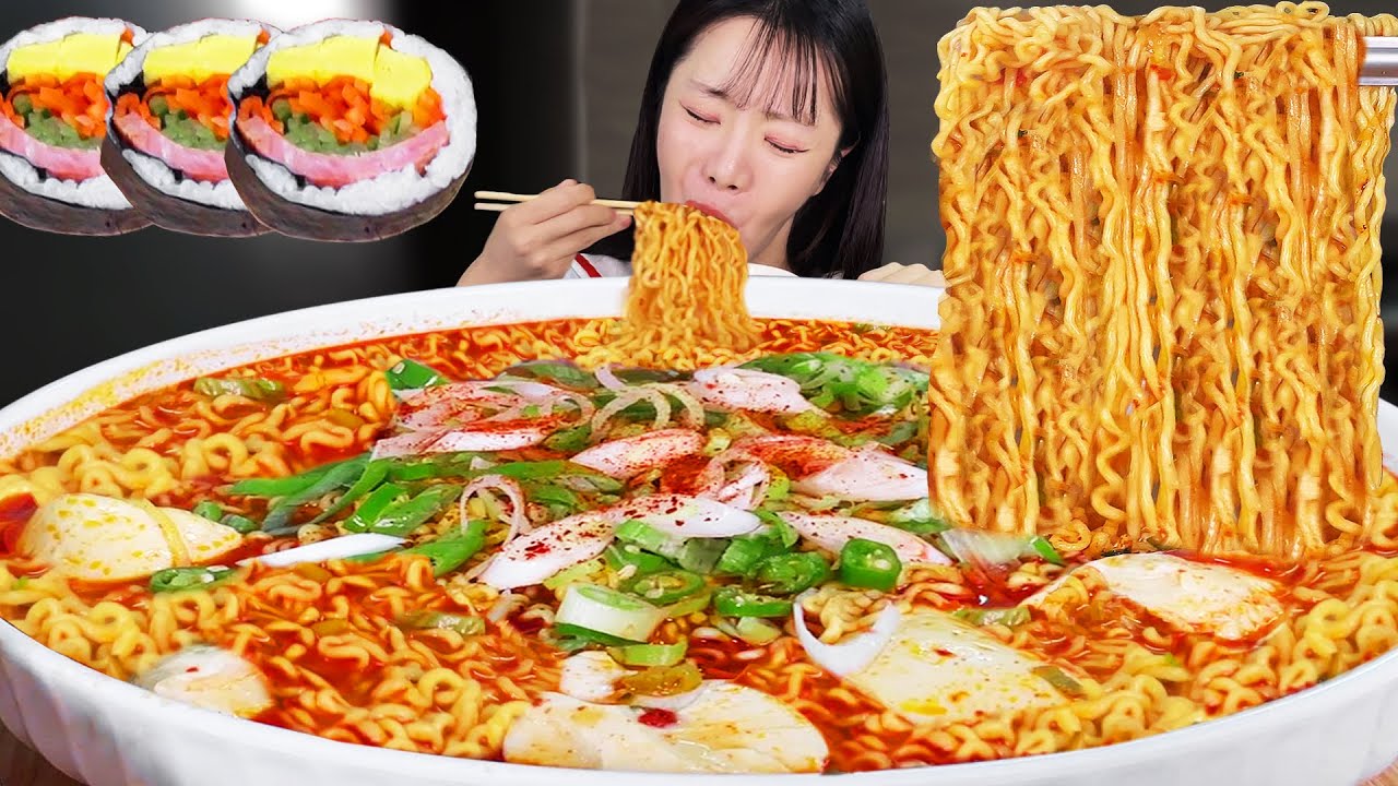 Supersize Eat 7 Soft Tofu Spicy Ramen with Spam Gimbap MUKBANGㅣSpicy Instant Noodles Eating show