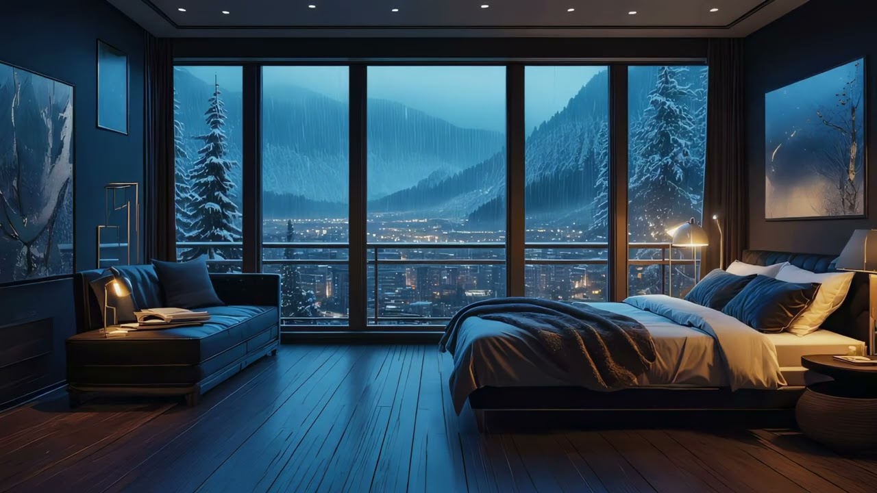 Snowy Mountain City View ❄️ Blizzard & Ambient Music