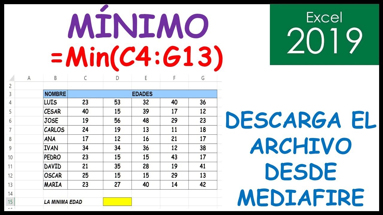 Como hallar valor mínimo de un rango de celdas con función MIN en Excel 2016 (FORMULA DE EXCEL 09)