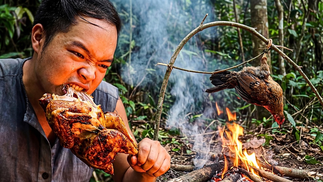 Primitive Skills Wild Chicken Trap in Deep Forest | Catching and Grilling Fresh Jungle Chicken