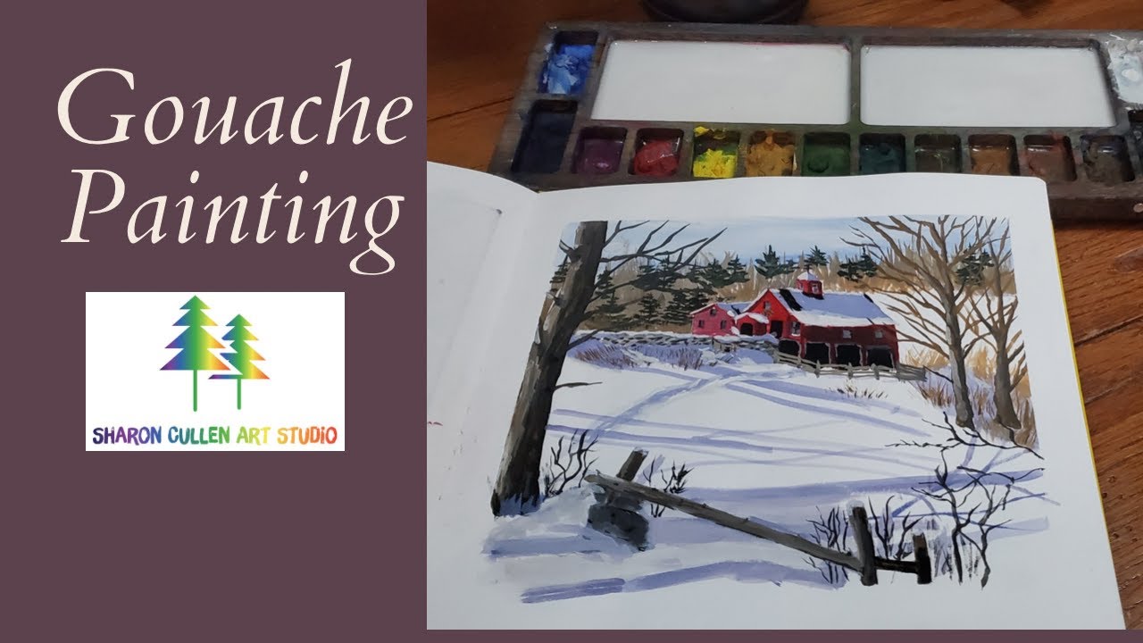 Gouache Painting A Snowy Barn In The Country