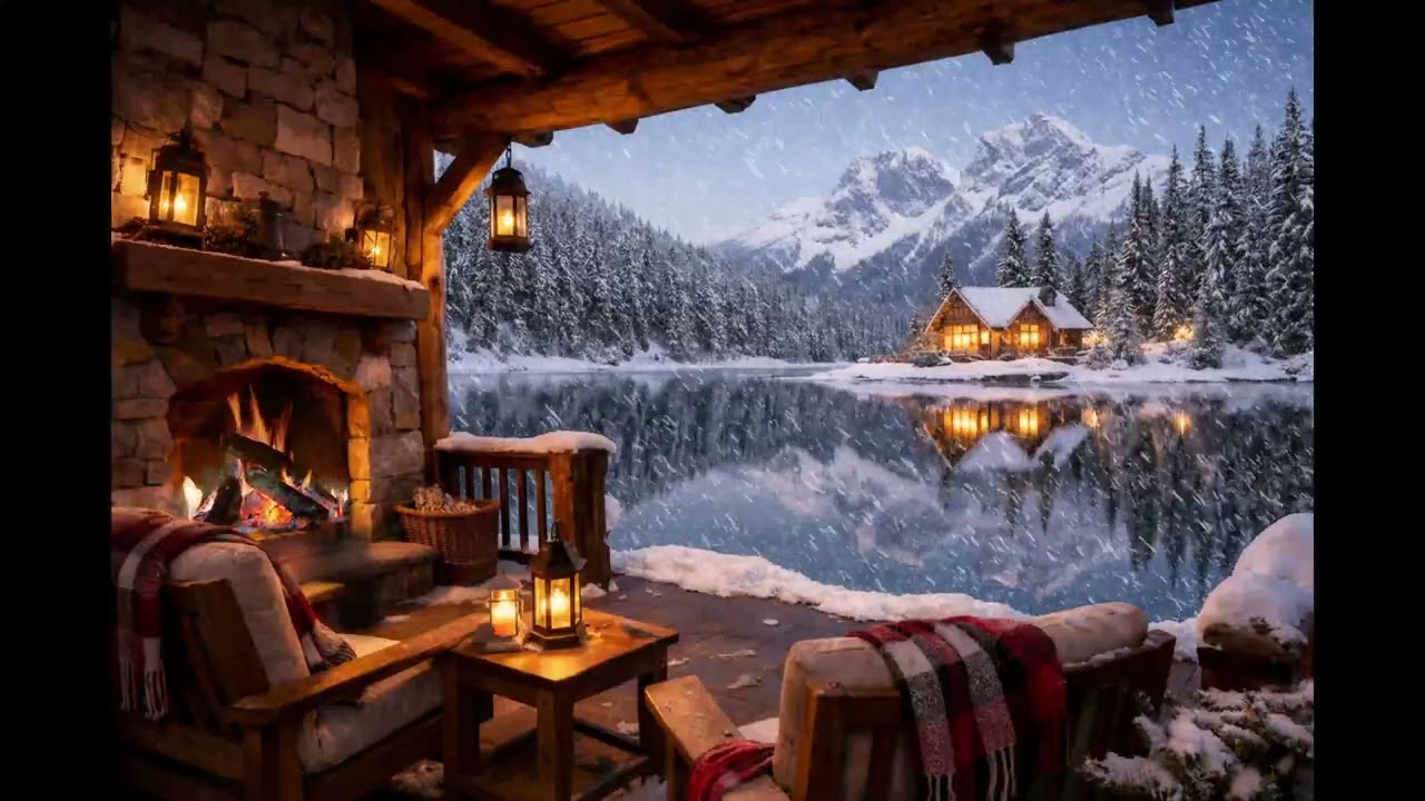 Cozy Cabin by the Frozen Lake ❄️🔥 | Fireplace Ambience, Snowfall & Mountain Views (No Music)
