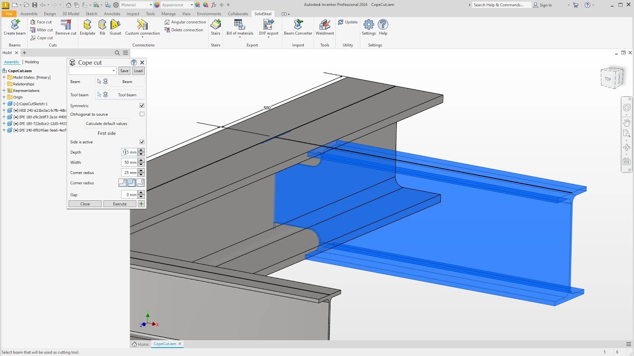 Cuts in structural steel design with Autodesk Inventor – SolidSteel parametric tutorial