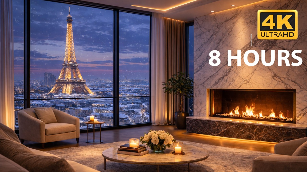 Luxury Fireplace with Snowfall & Paris Night View ❄️🔥 Relaxing 4K Ambience