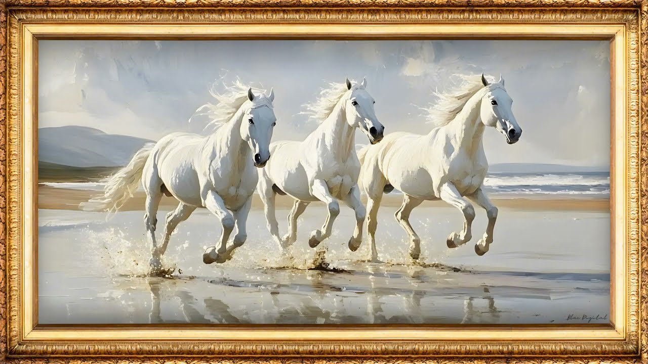 Majestic White Horses Running by the Beach | Art Framed Screensaver | Art for Your TV | 4K