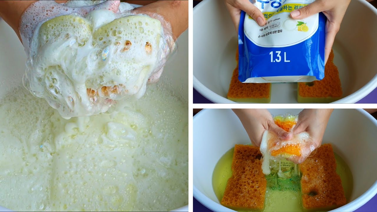 ASMR Sponge Squeezing 🍋 1.3L of Lemon Dish Soap 💛 Creamy SUDS OVERLOAD