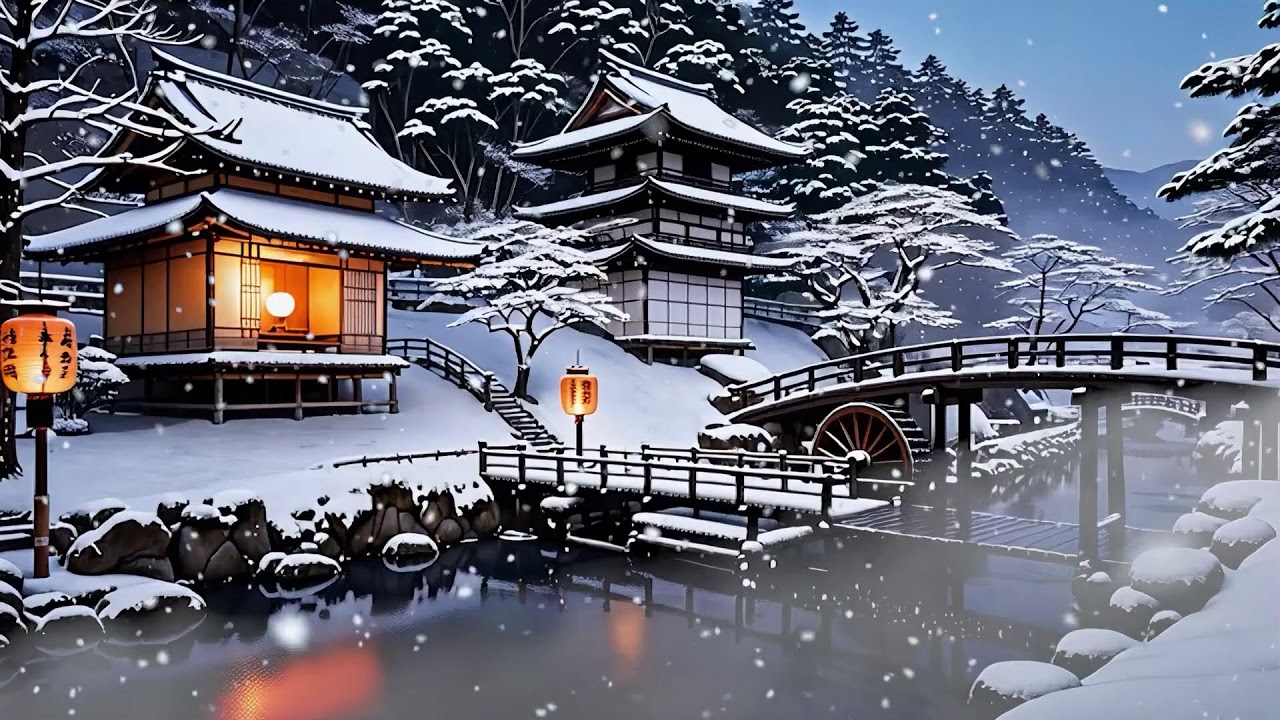 12h Ambient Zen | Music and Water Sounds for Sleep and Relaxation🌙 | 冬の水車瞑想音楽 | Thiền Mùa Đông Vol25