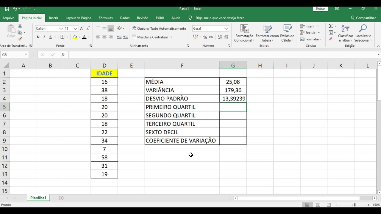 AULA 30 – CALCULANDO QUANTIS, MÉDIA, VARIÂNCIA, DESVIO PADRÃO E COEFICIENTE DE VARIAÇÃO NO EXCEL