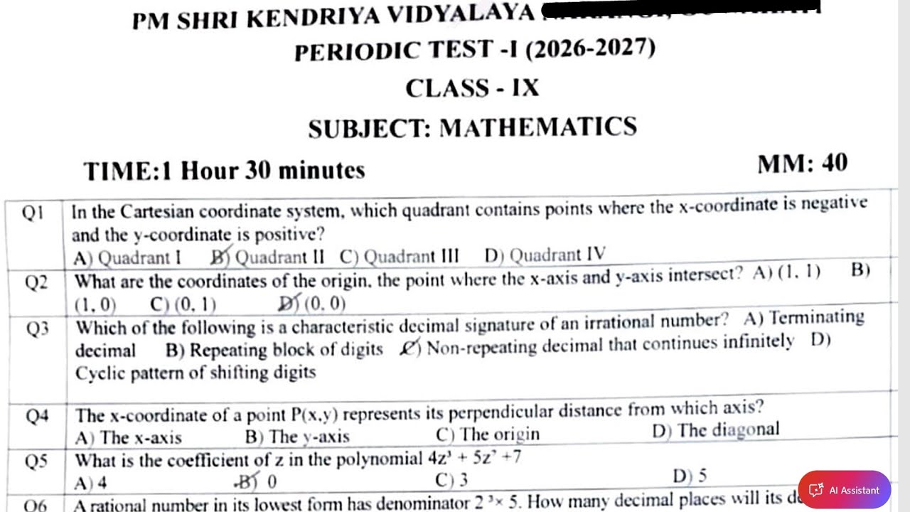 Class-9 Maths (Real) / Question Paper 2026-27 / Periodic Test-1 PT-1 Paper New NCERT PM SHRI KVS ...