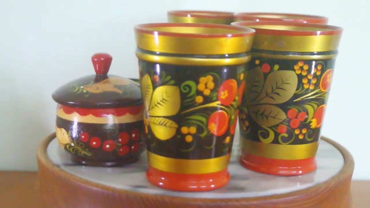 Gorgeous Vintage Russian Khokhloma Lacquered Wooden Cups, Trinket Box and Dish