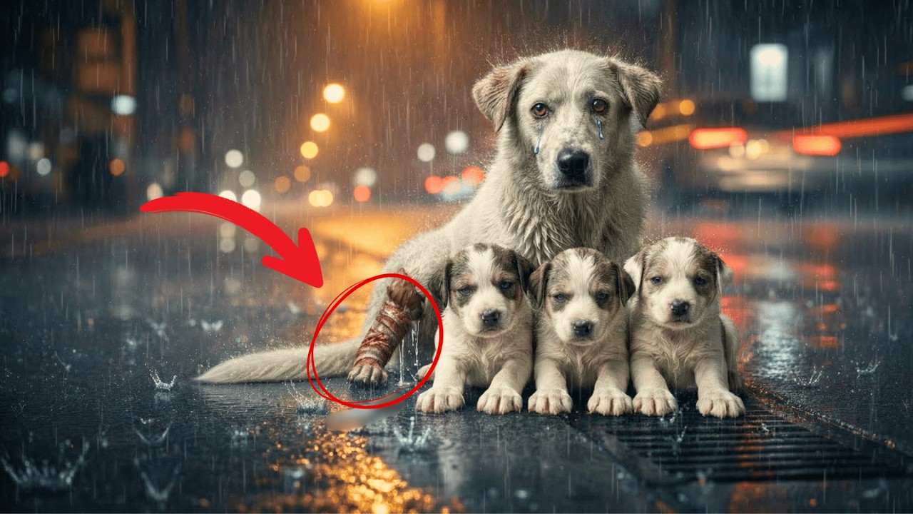 Kind Man Rescues Injured Mother Dog and Her 3 Helpless Puppies From the Rain — A Story That Will Tou