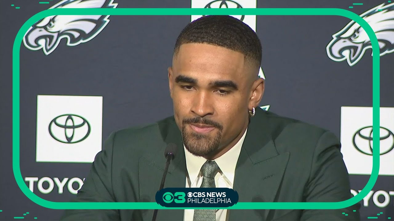 Jalen Hurts talks to media after signing record-breaking contract extension with Eagles