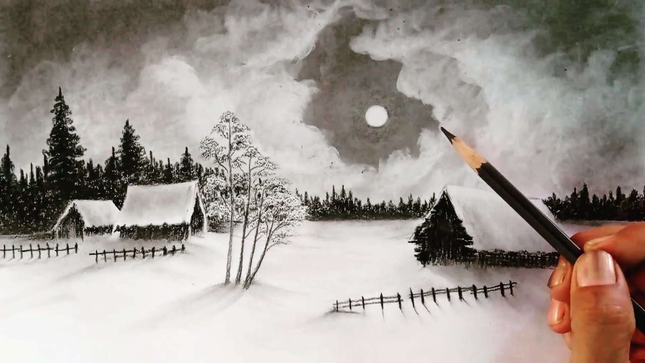 Moon light winter landscape scenery drawing by pencil easy ways// How to draw a landscape nature //