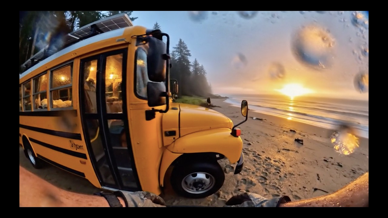 CRAZY! THIS MAN BUILD HOME IN ABANDONED SCHOOL BUS NEAR BEACH - ASMR SEA WAVE