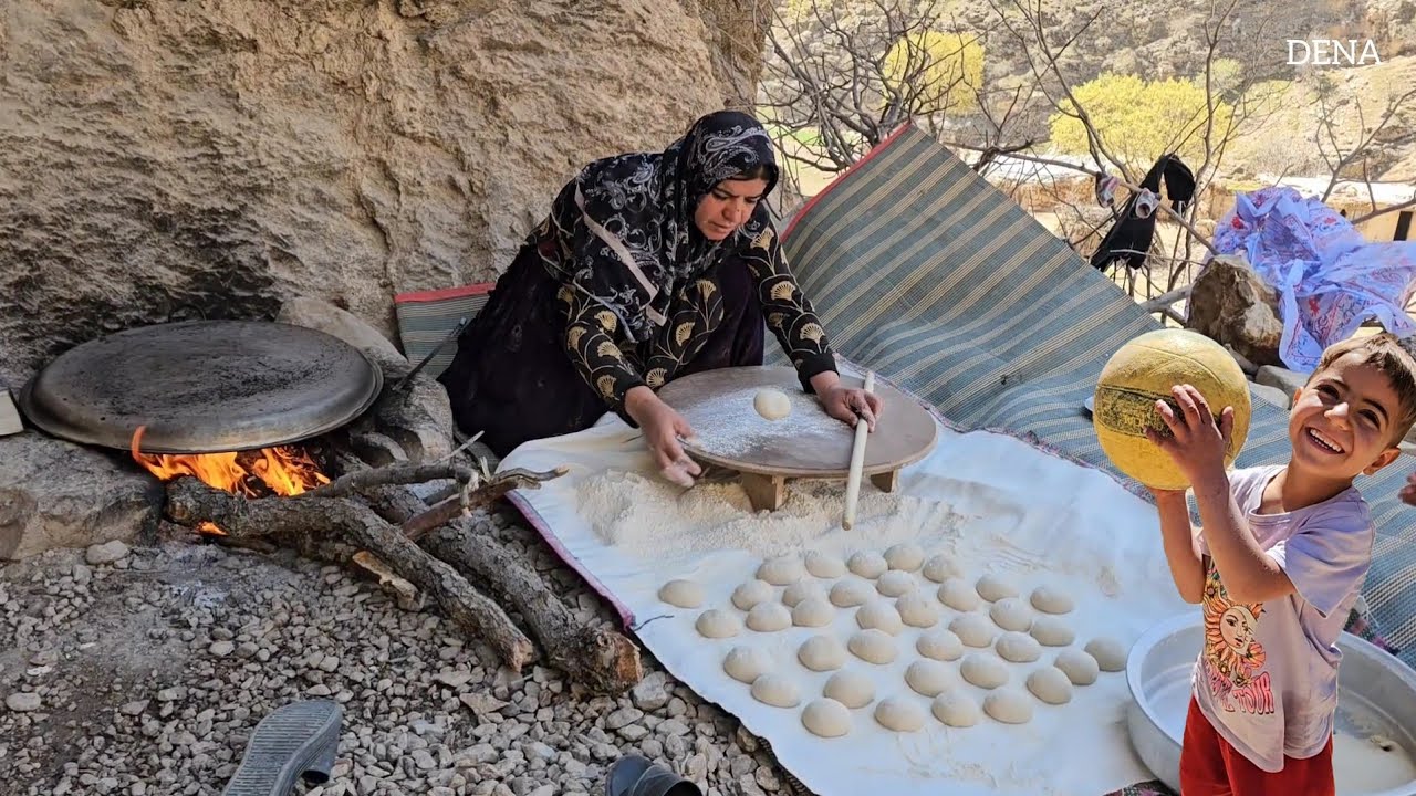 Nomadic family / Nomadic woman baking bread in the mountains