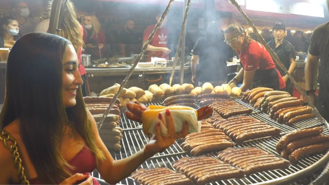 European Street Food Event in Italy. Huge 'Porchetta', Kielbasa, Ribs, Fried Pizza and more Food