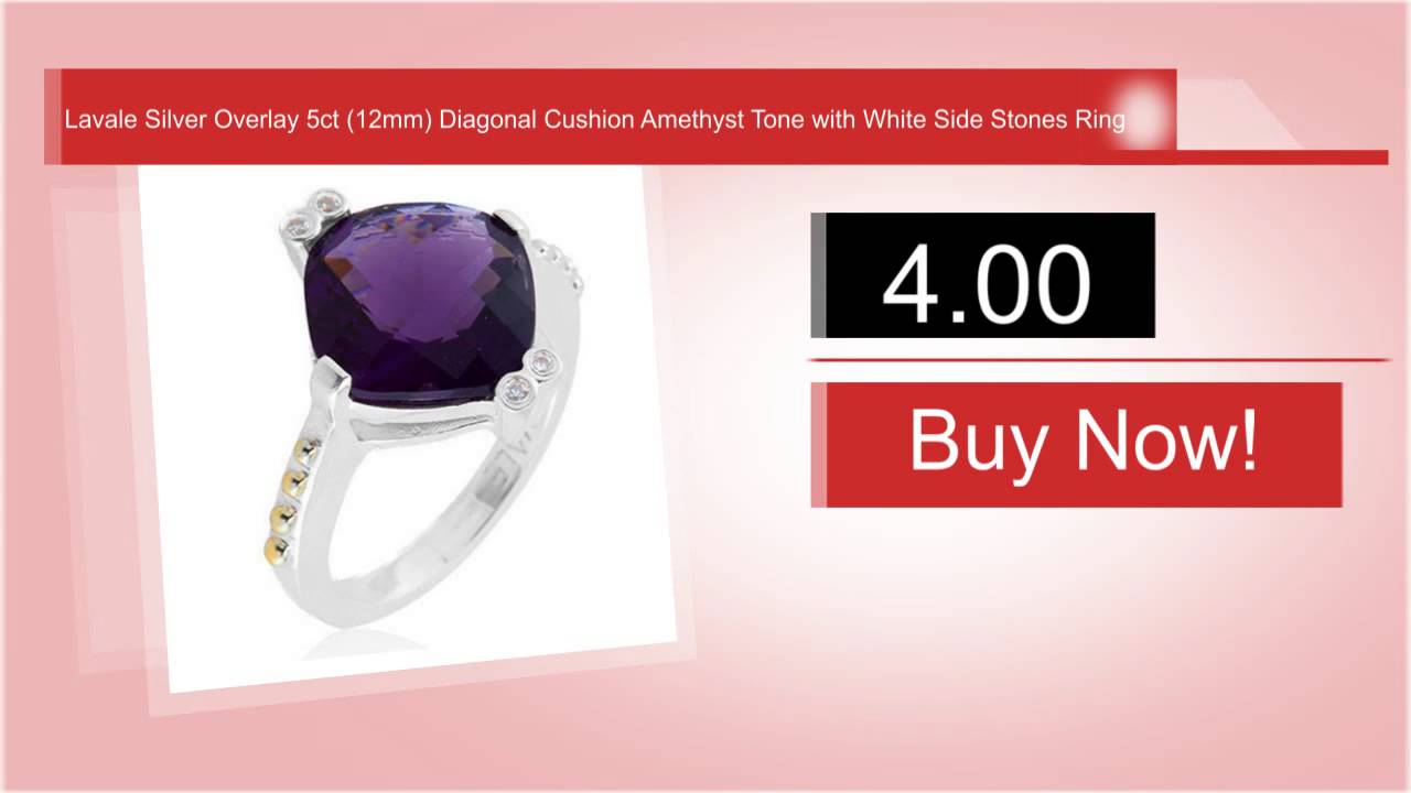 Lavale Silver Overlay 5ct (12mm) Diagonal Cushion Amethyst Tone with White Side Stones Ring
