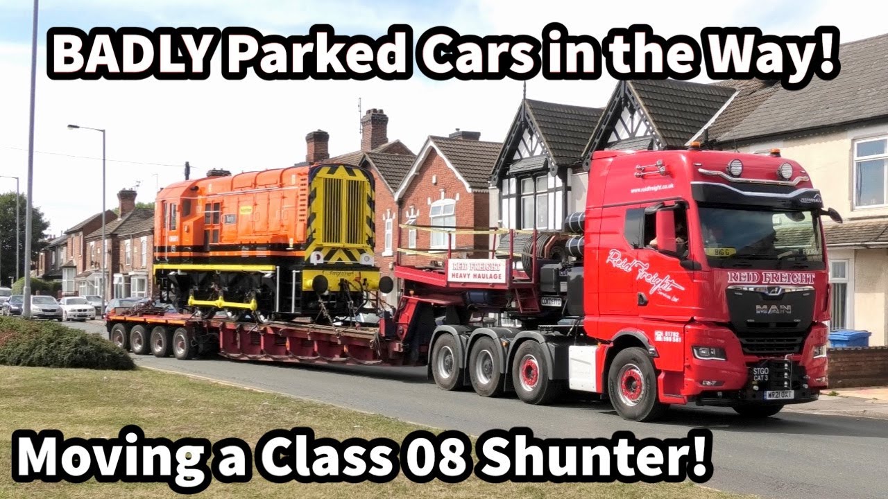 Heavy Haul Truckers Moving a Class 08 Shunter Through BADLY Parked Cars!