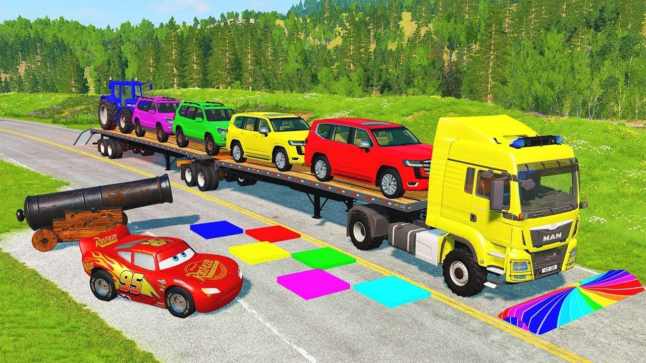 Flatbed Truck Mcqueen | Transportation with Truck - Pothole vs Car #60 - BeamNG.Drive