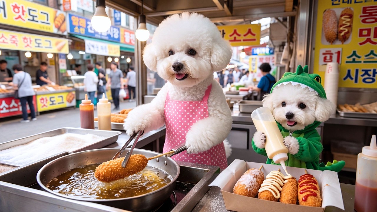 Struggling Mom Dog Learns Korean Corn Dogs to Earn Money, Then Takes Baby Puppy to a Water Park 🌊🏖️