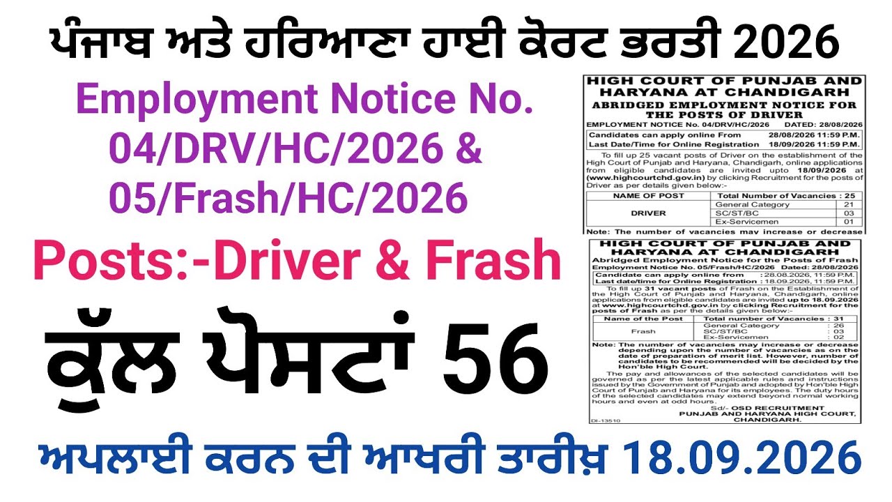 Punjab & Haryana High Court Driver & Frash Recruitment 2026,Chandigarh New Vacancy 2026,