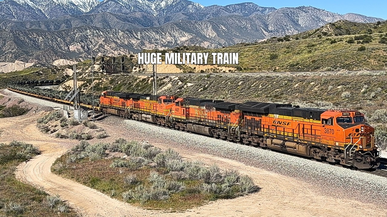 Huge Military Train Climbing Cajon Pass — Full Armor Consist Takes the Hill