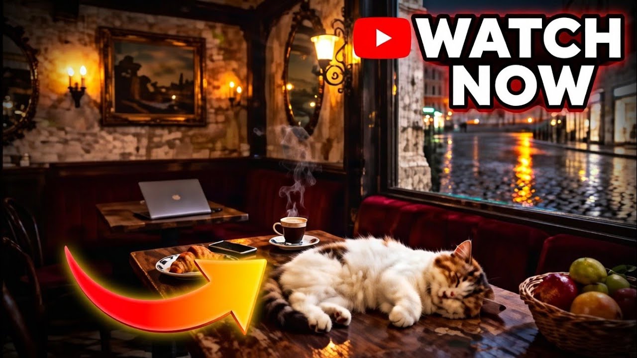 Dark Rainy Café Ambience with Cat and Soft Jazz