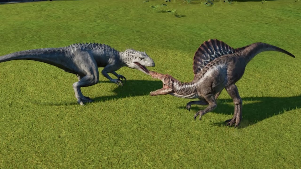 2 Spinosaurus VS T-Rex, Giganotosaurus and Indominus Rex - Jurassic World Evolution