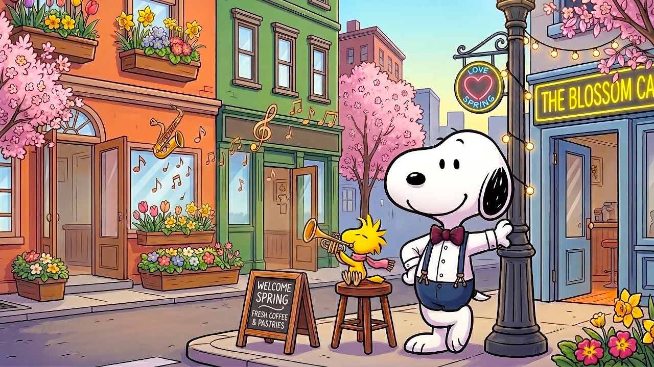Cozy Spring Street with Snoopy & Woodstock 🌸🎺 Soft Jazz for Study, Sleep & Happy Spring Day