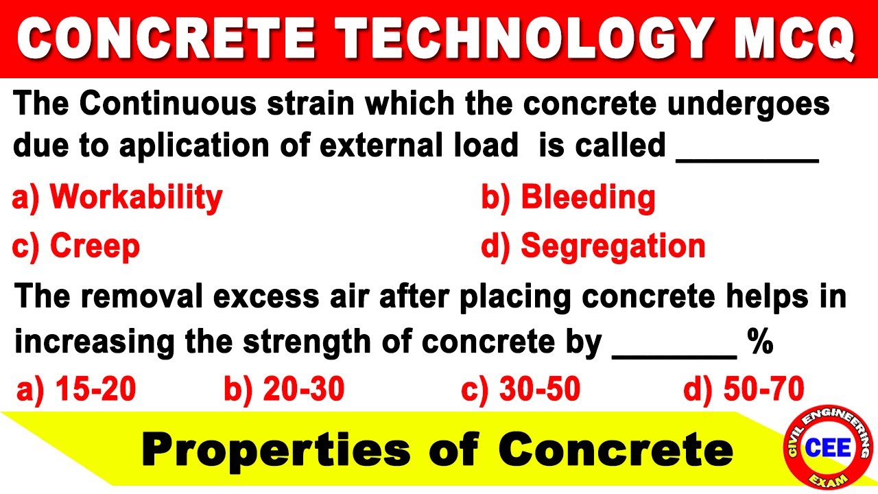 Concrete Technology MCQ's | Fresh concrete mcq | mcq on fresh concrete | hardened concrete mcq