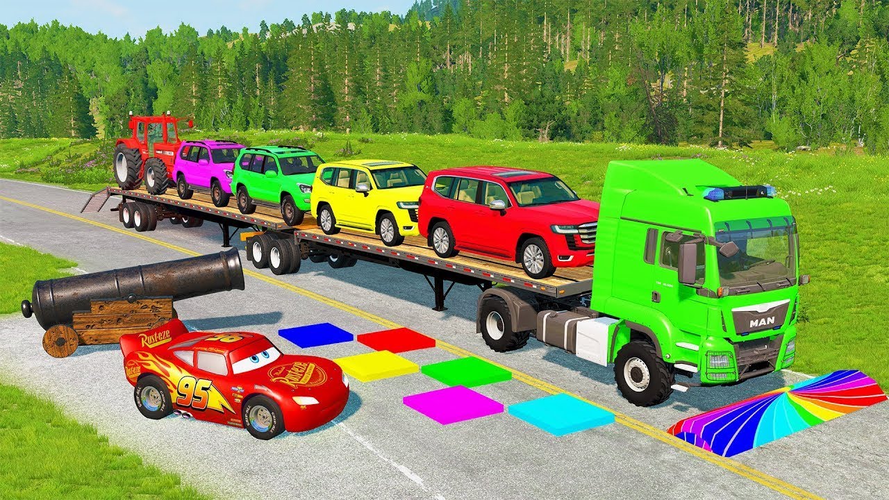 Flatbed Truck Mcqueen | Transportation with Truck - Pothole vs Car #59 - BeamNG.Drive