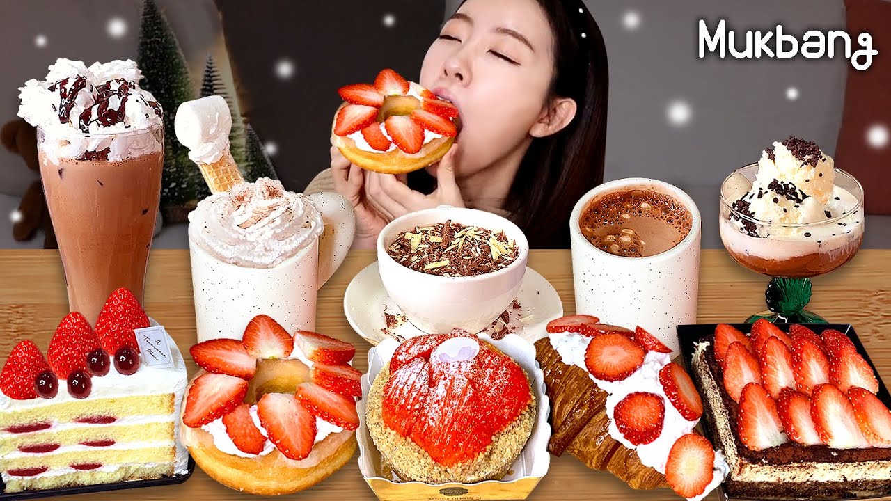 당충전 타임🍓상큼한 겨울딸기 디저트에🍰 달콤 따뜻한 핫초코 먹방ㅣ굿찌 홈카페☕️ㅣ디저트먹방ㅣdessert Real mukbang