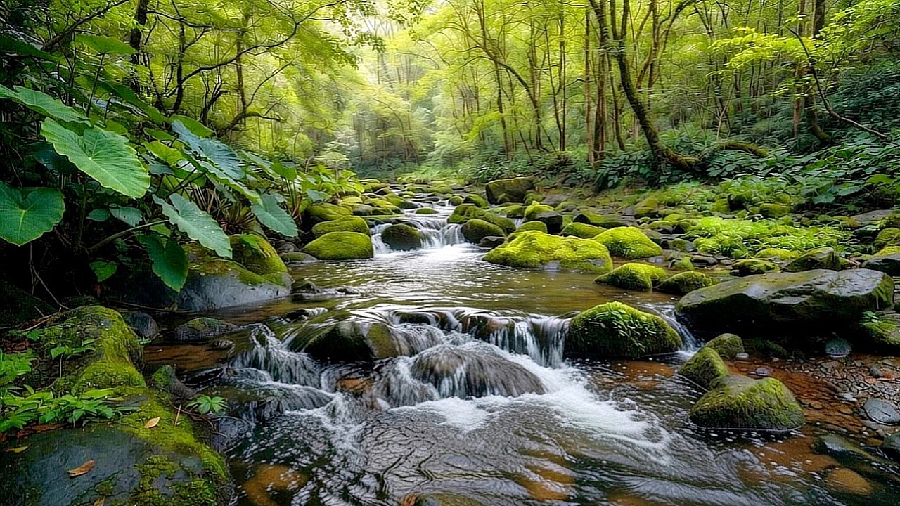 Calm Forest River Flow with Sweet Birds Singing, Relaxing Nature Mood, ASMR