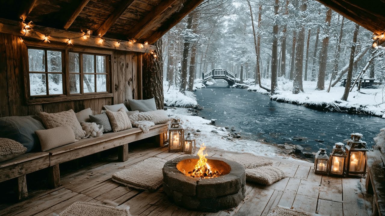 The Most Peaceful Winter Forest Riverside Snowfall Firepit & Nature Sounds Ambience