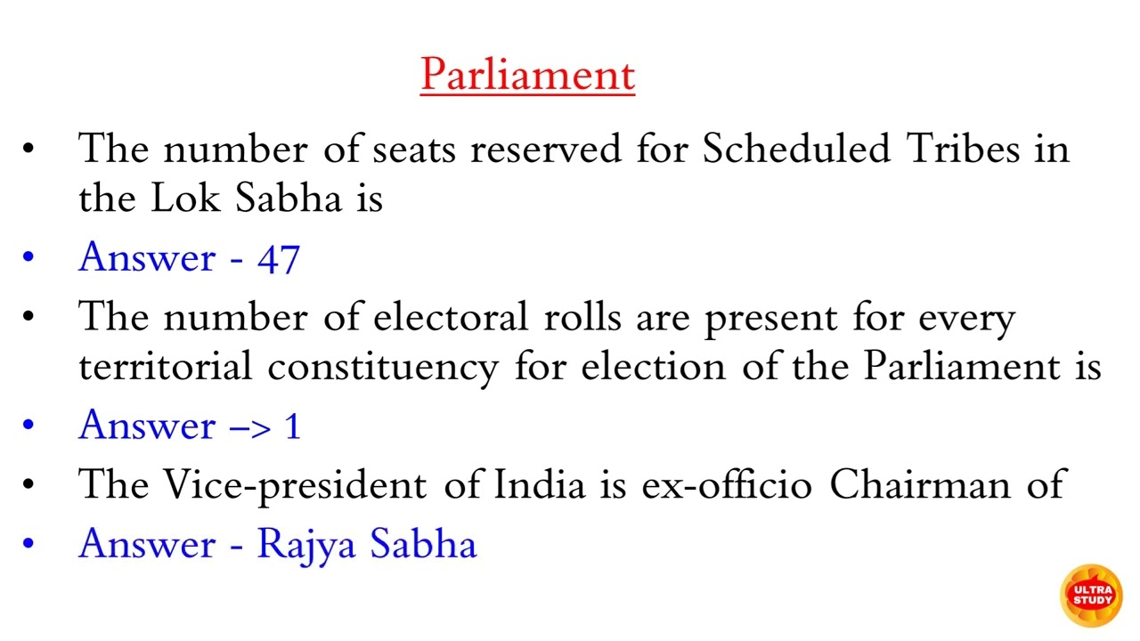 Parliament Important Questions l Parliament GK One Liner l Part 7