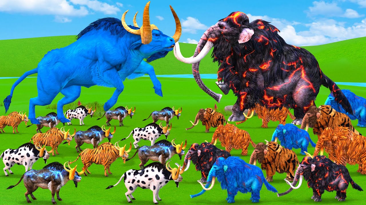 10 Woolly Mammoth vs 10 Big Bulls vs Giant Tiger Wolf Attack Cow Cartoon Elephant Saved by Mastodon