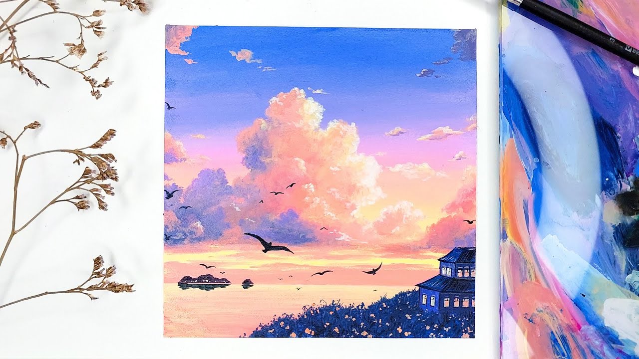 Warm Sunset Hues - Fluffy Clouds Landscape! Acrylic Painting Process