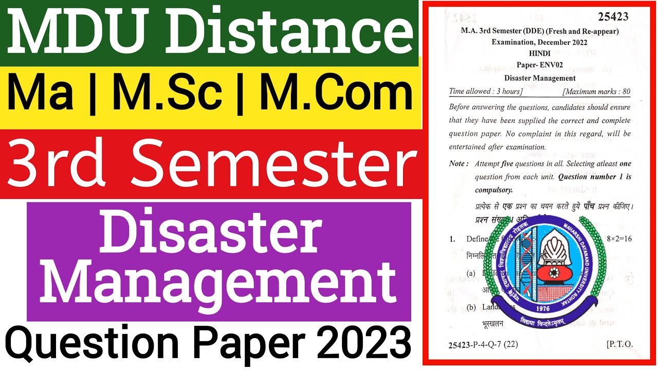 Mdu Ma Distance Disaster Management 3rd Semester Question Paper 2023 | Mdu Disaster Management Paper