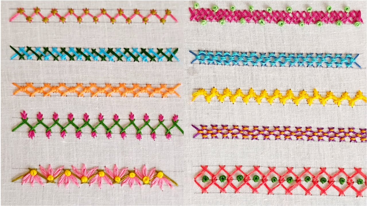 10 Simple Borders using Herringbone Stitch - Hand Embroidery for Beginners