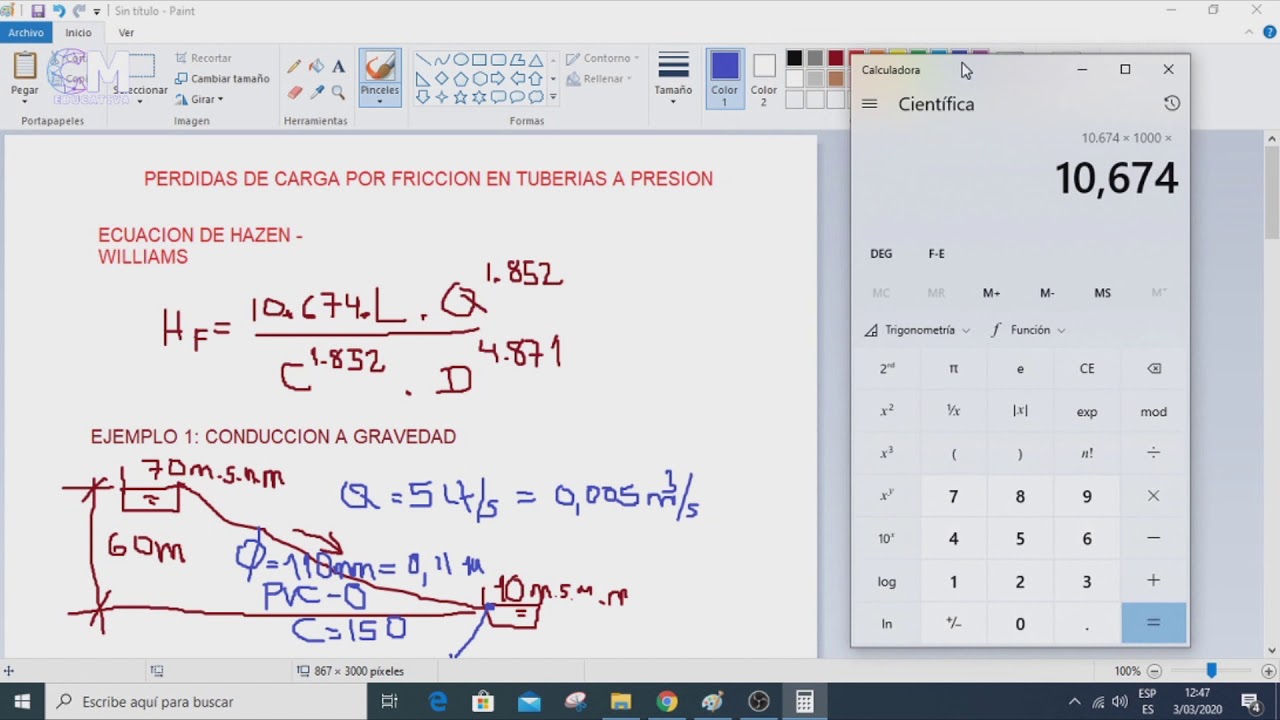 Cálculo de Pérdidas de carga en tuberías a presión por gravedad e impulsión -Hazen Williams