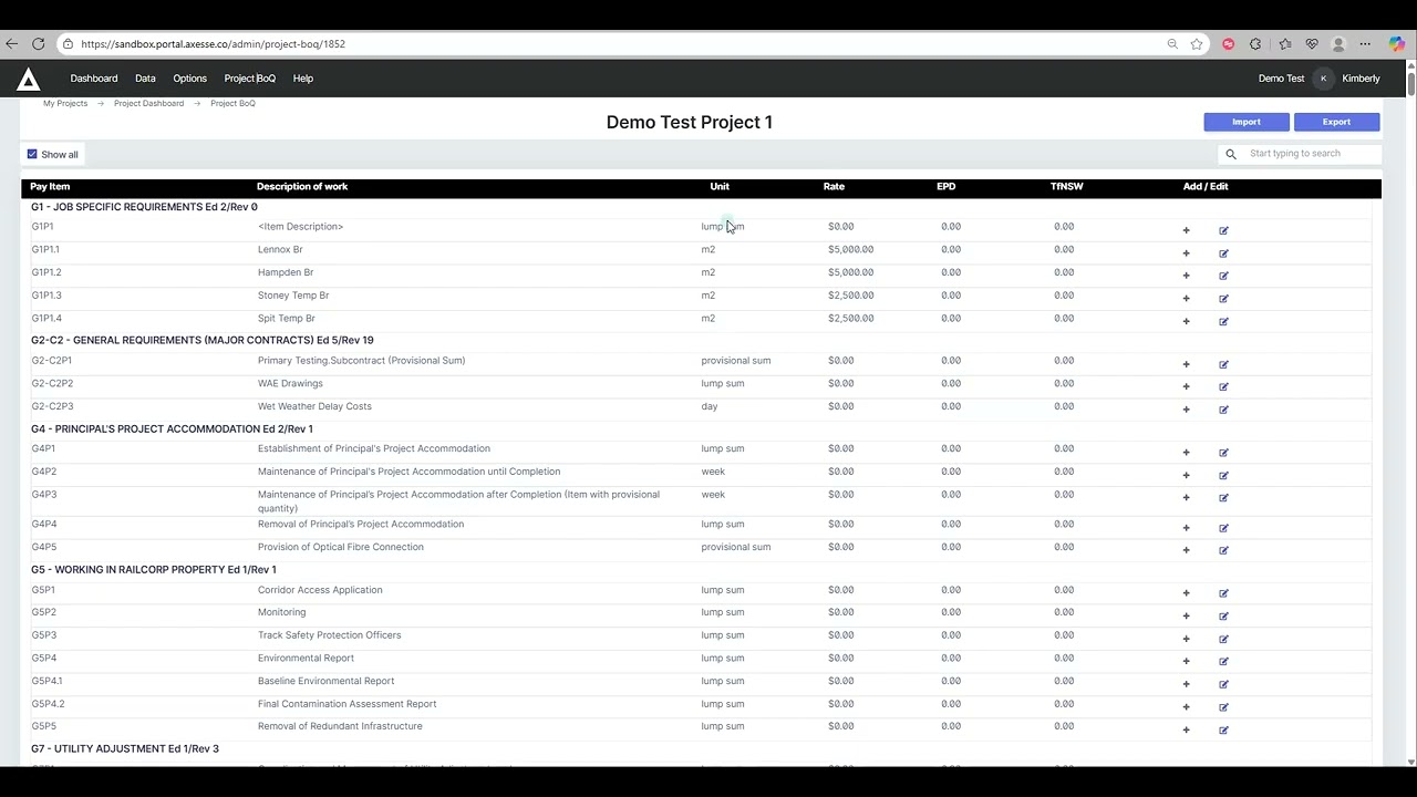 03 Main Dashboard   Project BOQ Page