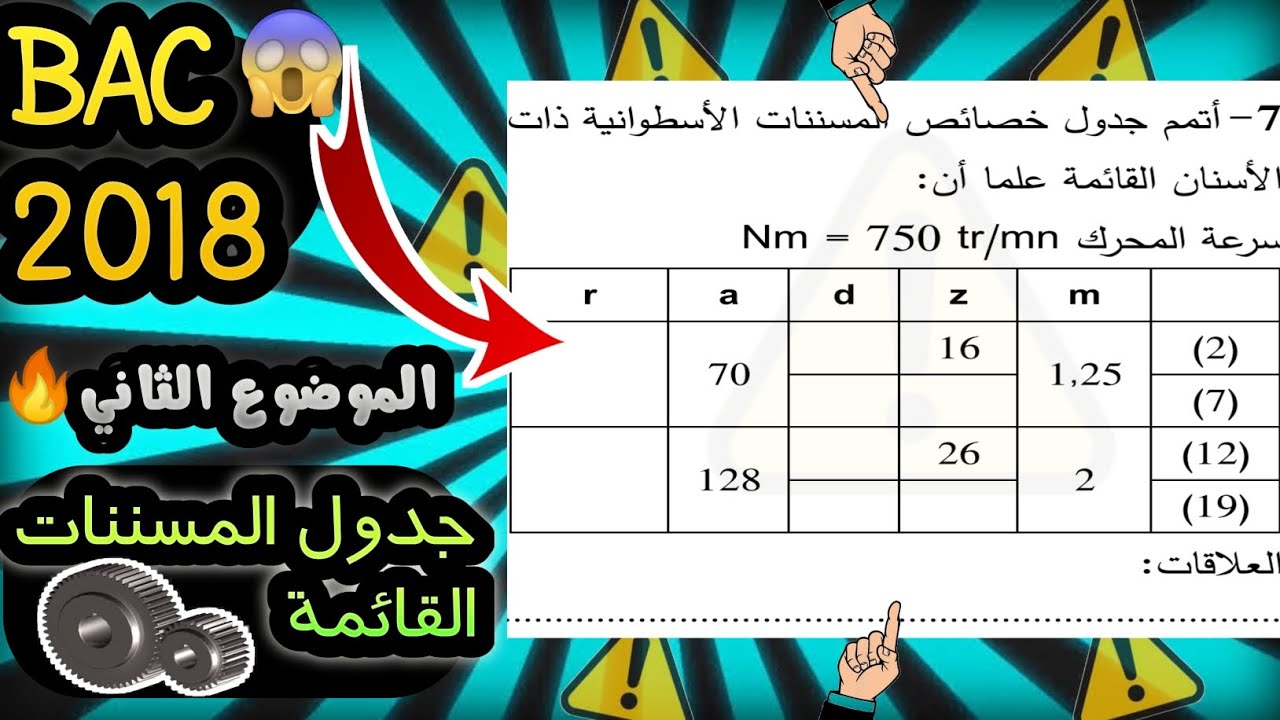حل جدول مميزات المسننات الاسطوانية ذات الاسنان القائمة بكالوريا 2018 الموضوع الثاني هندسة ميكانيكية