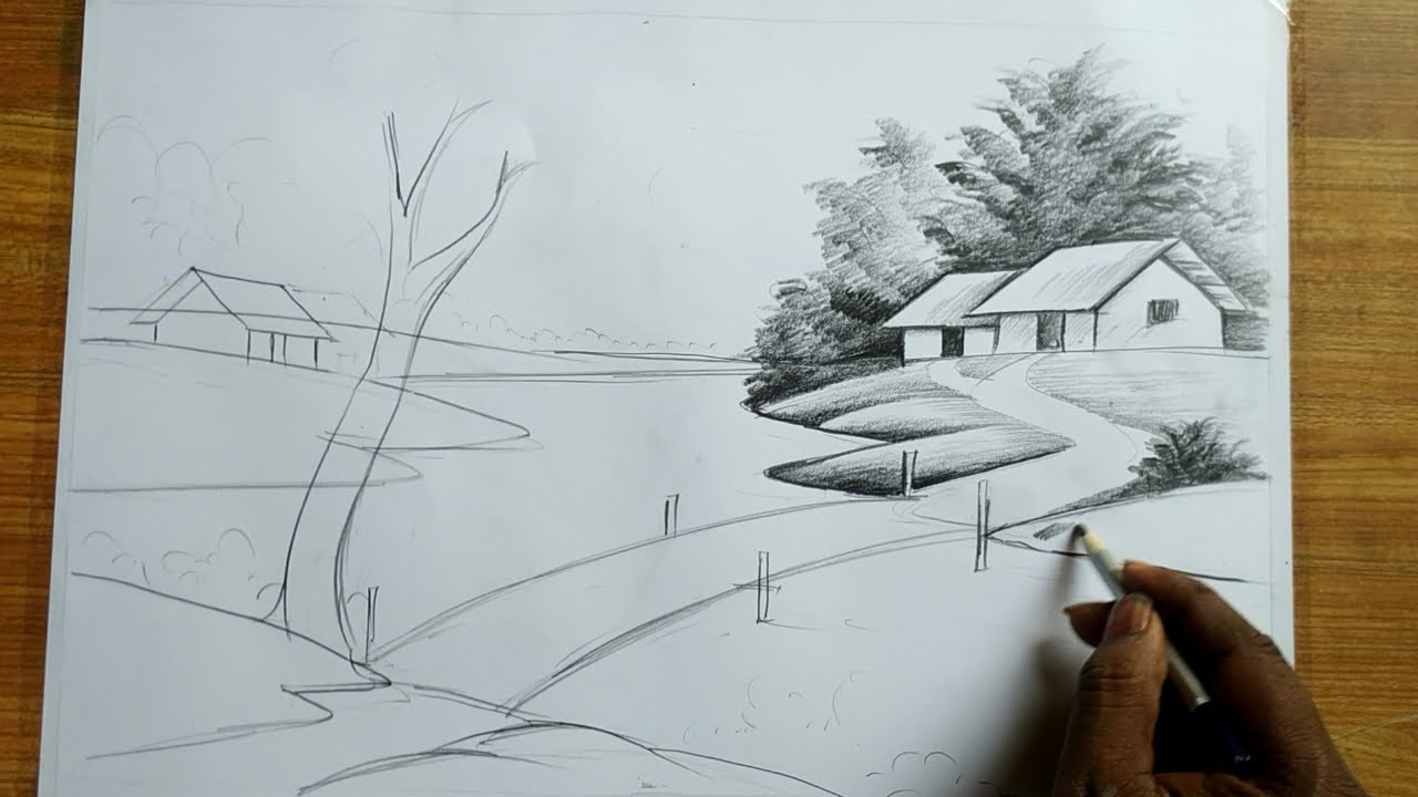 how to draw easy pencil sketch scenery,landscape pahar and river side scenery drawing,