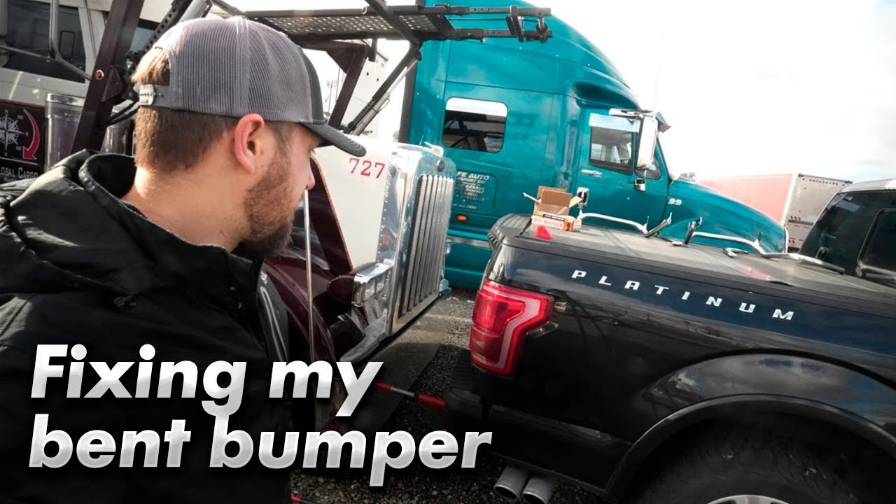 Using the F150  to straighten out my Peterbilt bumper // 12 gauge mirror brackets install.