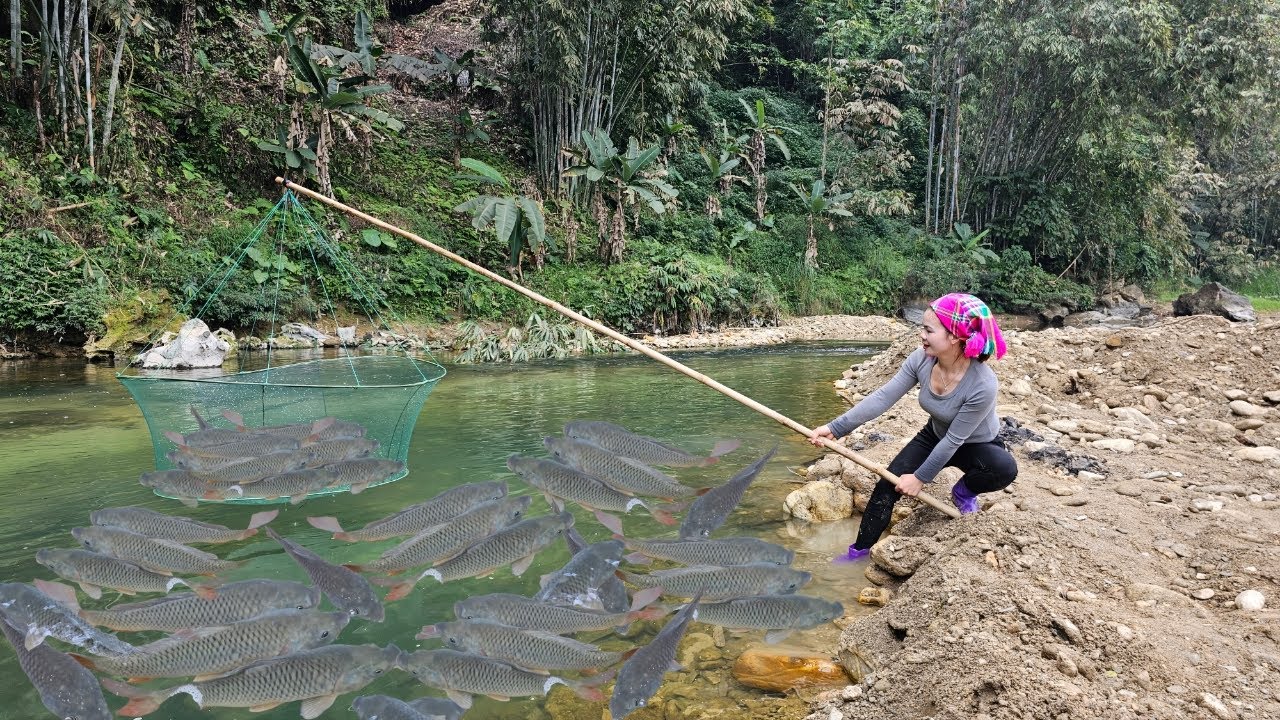 Ana fished in the big stream with a green net and caught a haul of carp, which she then sold.