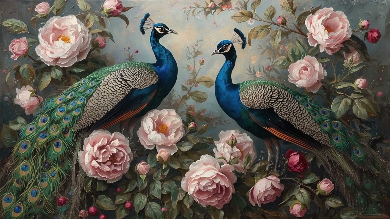 Majestic Peacocks & Peonies | 4K Vintage Fine Art | Luxury Nature TV Screen Saver