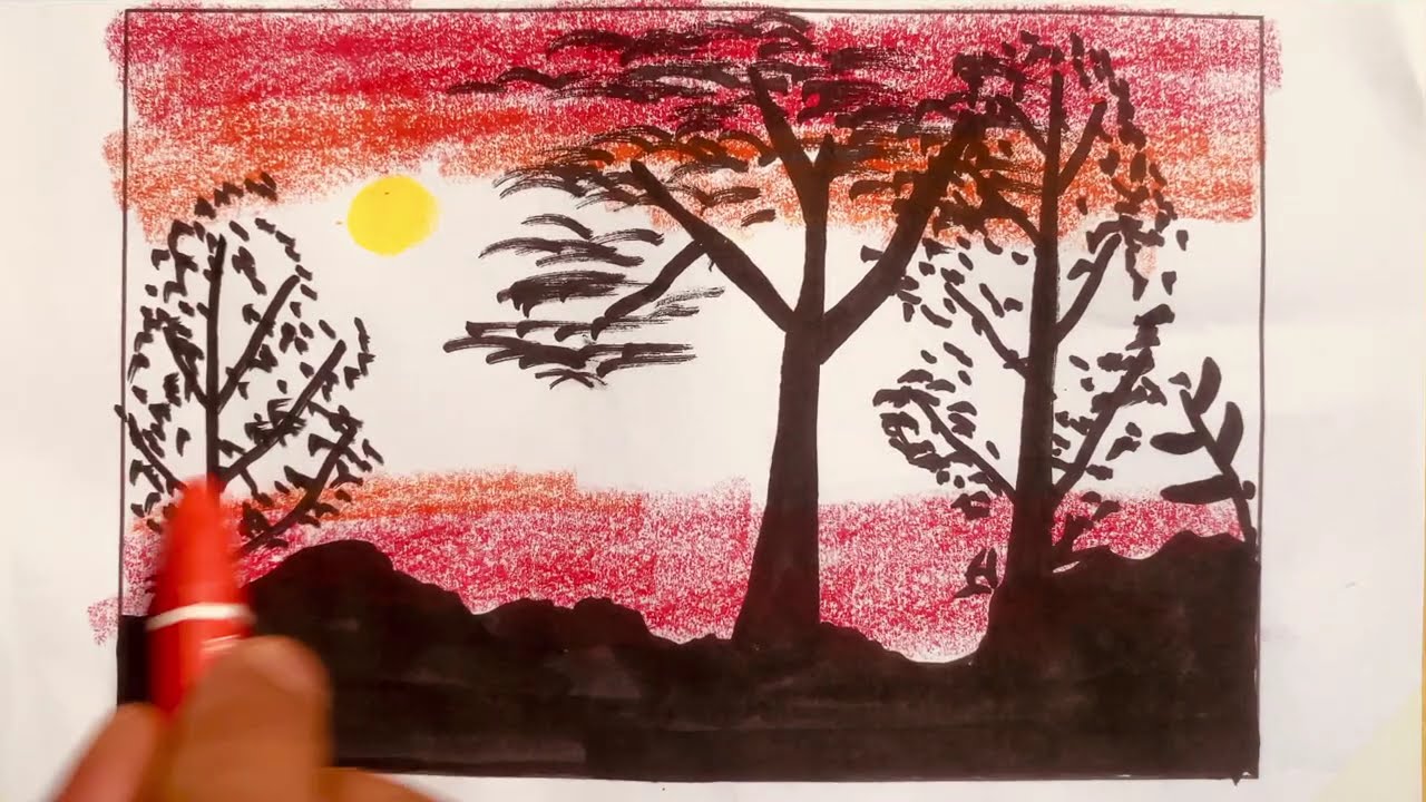 Menggambar dan mewarnai pohon-pohon di waktu senja dengan mudah