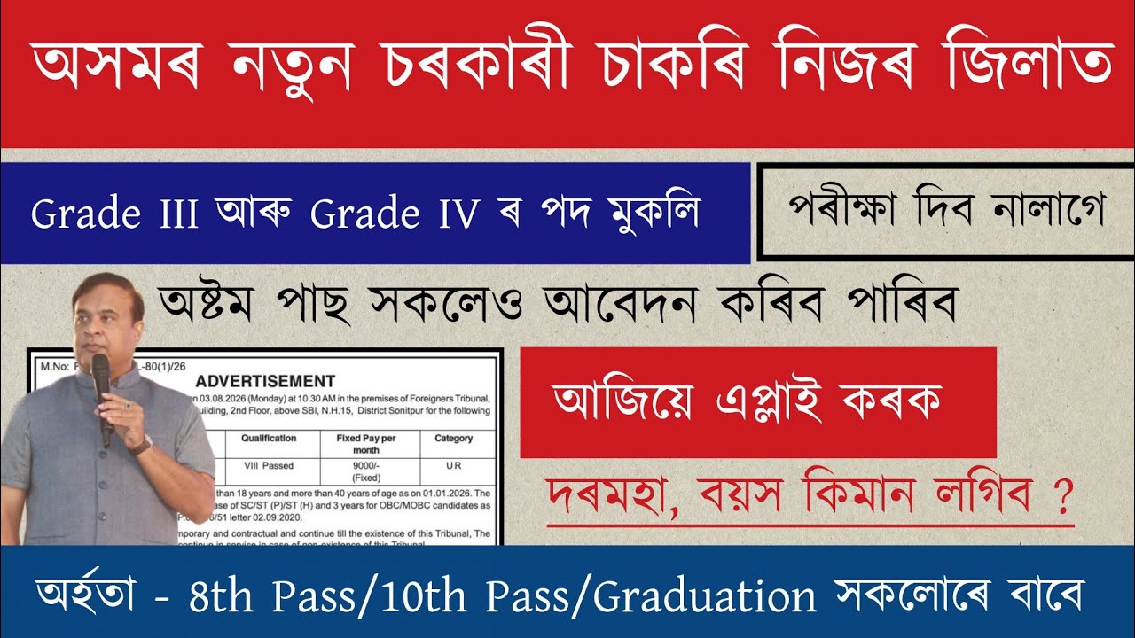 Assam New Recruitment Grade III & IV | পৰীক্ষা দিব নালাগে | Job Vacancy 2026 | Assam Job Vacancy