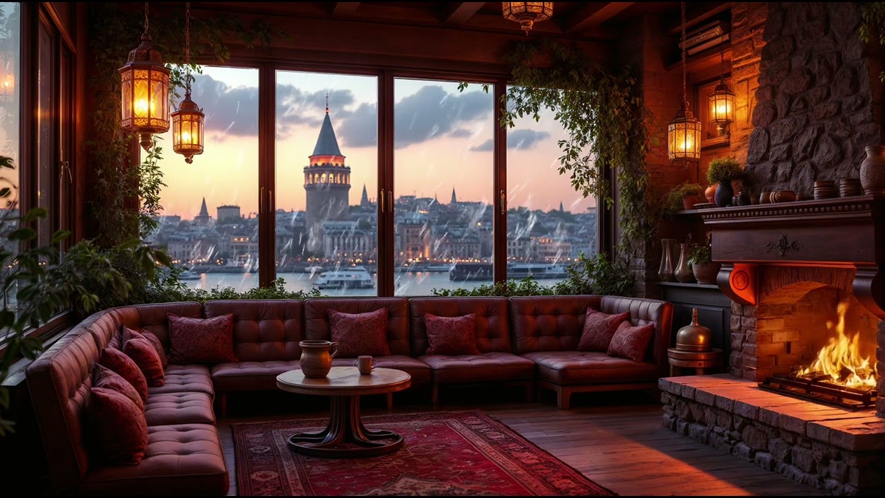 Cozy Istanbul Coffee Shop Ambience | Fireplace & Smooth Jazz Music