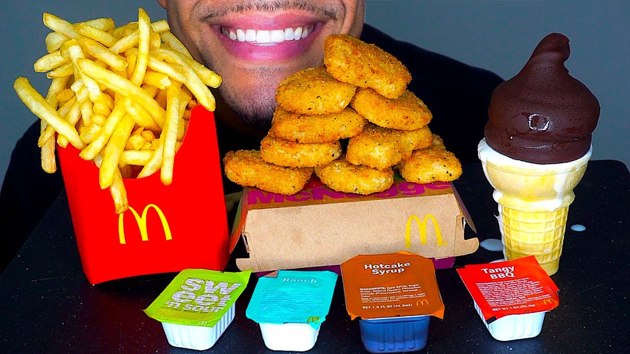 MCDONALD'S CHICKEN NUGGETS ICE CREAM CONE DIPPED CHOCOLATE CRISPY FRENCH FRIES BIG BITES ASMR MUKBAN